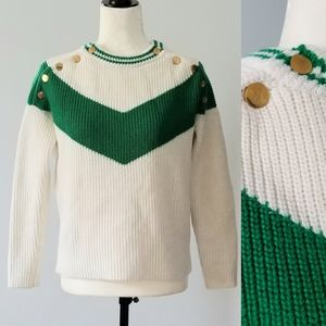 Vintage Cream and Green Cheveron Pattern Sweater